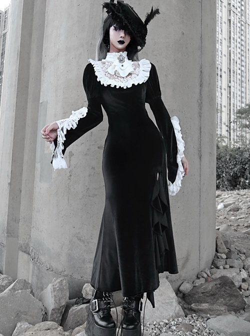 White Lace Black Velour Medieval Gothic Long Style Fishtail Dress