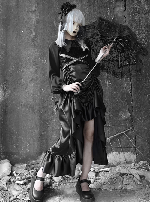 Gothic Black Chiffon Shirt And PU Satin Drawstring Sling Dress Two-piece