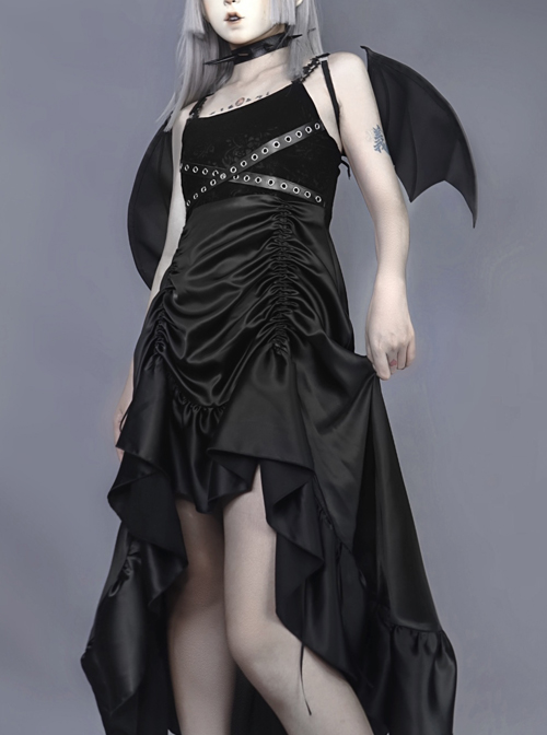 Gothic Black Chiffon Shirt And PU Satin Drawstring Sling Dress Two-piece