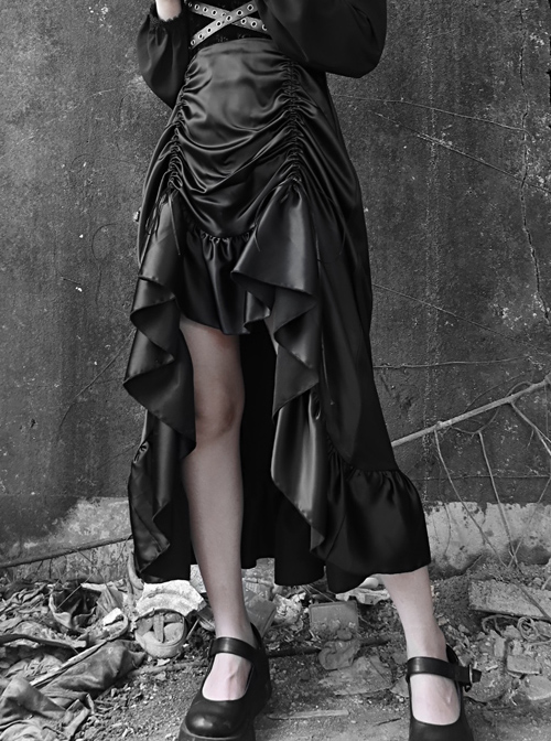 Gothic Black Chiffon Shirt And PU Satin Drawstring Sling Dress Two-piece