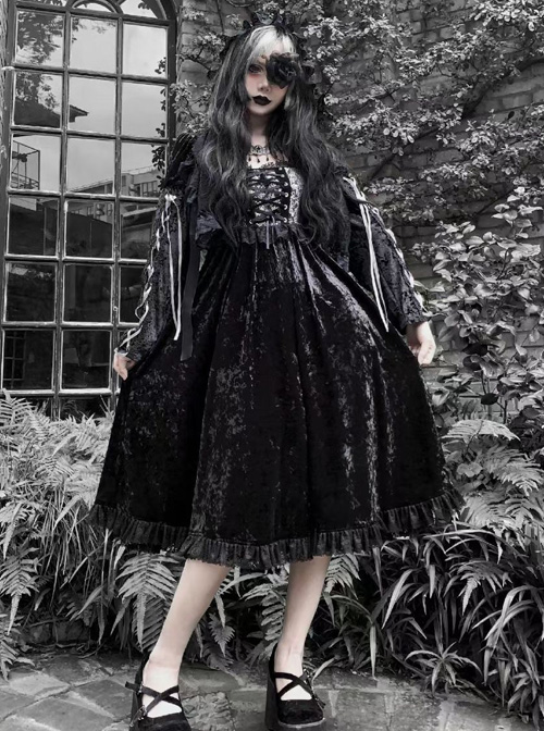 Gothic Jacquard Black Velour Long Sleeve Puff Sleeve Dress