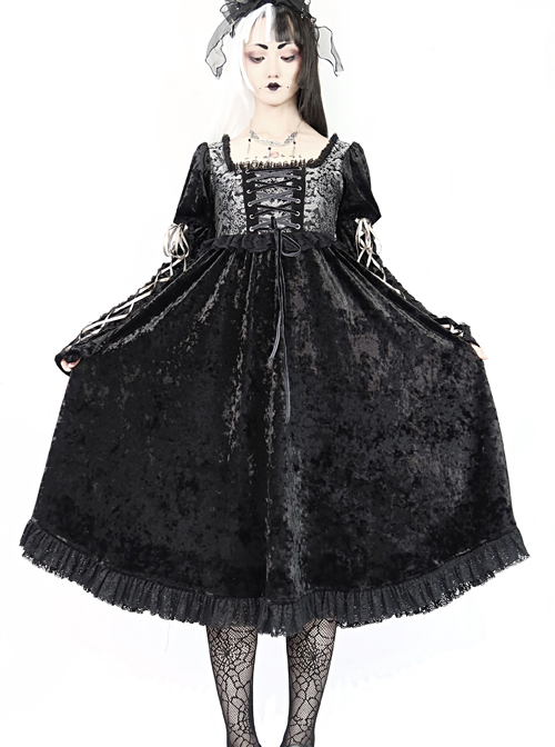 Gothic Jacquard Black Velour Long Sleeve Puff Sleeve Dress