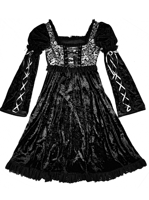 Gothic Jacquard Black Velour Long Sleeve Puff Sleeve Dress