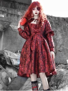 Gothic Bloody Red Rose Printing Long Sleeve Dress