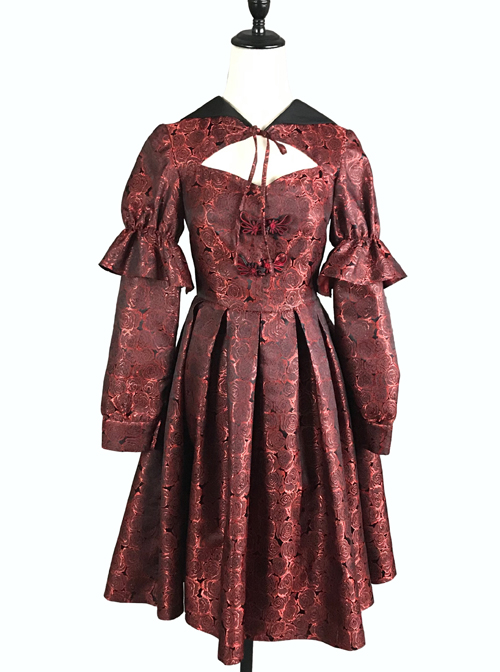 Gothic Bloody Red Rose Printing Long Sleeve Dress