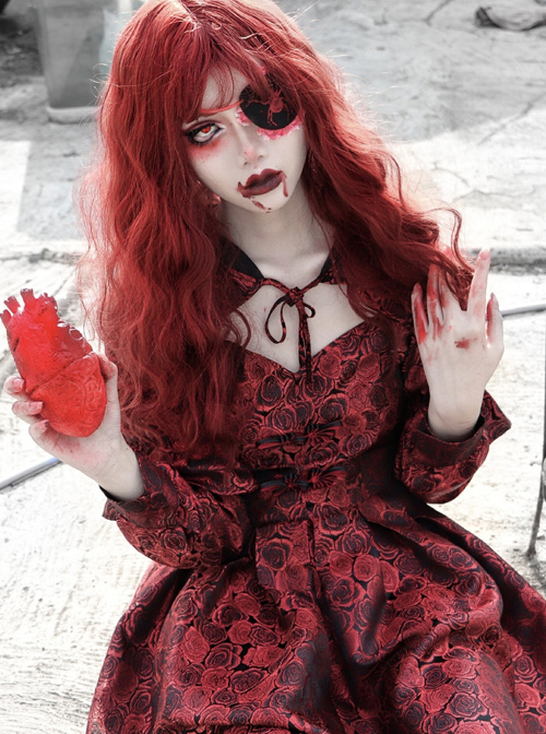 Gothic Bloody Red Rose Printing Long Sleeve Dress