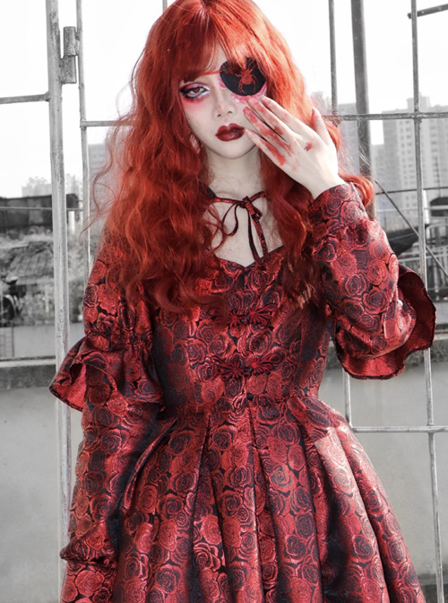 Gothic Bloody Red Rose Printing Long Sleeve Dress