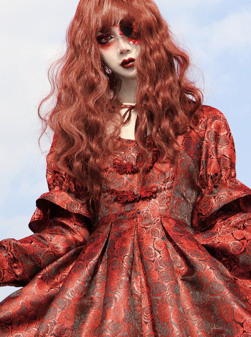 Gothic Bloody Red Rose Printing Long Sleeve Dress