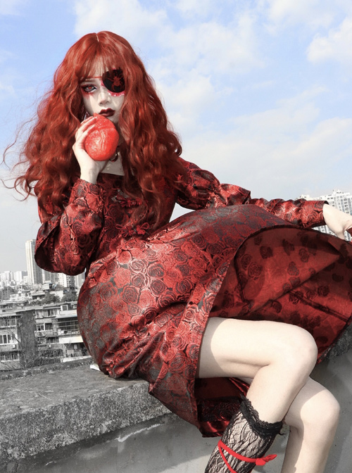 Gothic Bloody Red Rose Printing Long Sleeve Dress