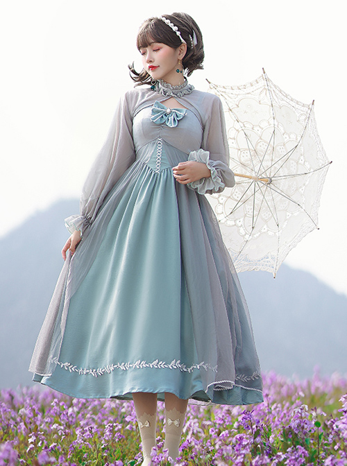 Gray Blue Chiffon Elegant JSK Classic Lolita High Waist Long Style Dress