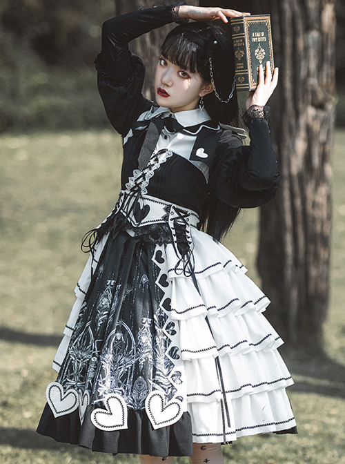 Eye Of Red Heart Series OP Retro Stitching Gothic Lolita Long Sleeve Dress