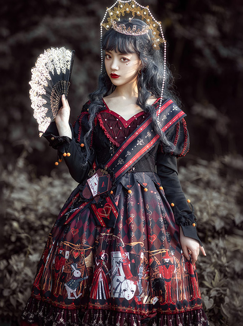 The Queen Of Hearts Series OP Gothic Lolita Printing Long Sleeve Dress