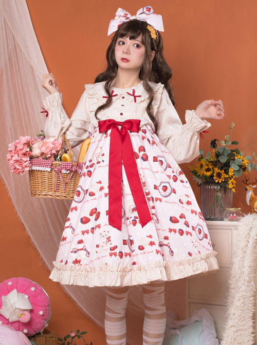 Strawberry Milk Bottle Series OP Bowknot Sweet Lolita Long Sleeve Dress