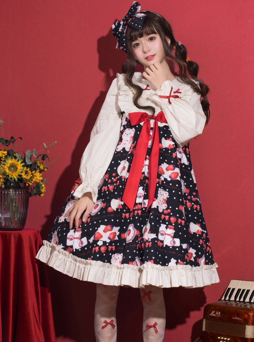 Strawberry Milk Bottle Series OP Bowknot Sweet Lolita Long Sleeve Dress