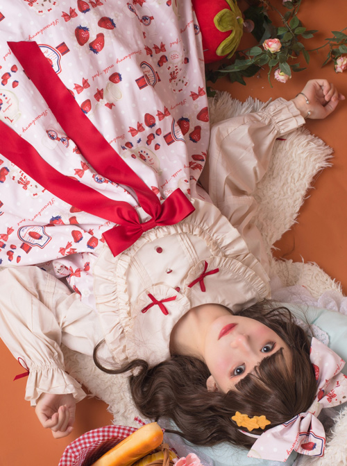 Strawberry Milk Bottle Series OP Bowknot Sweet Lolita Long Sleeve Dress