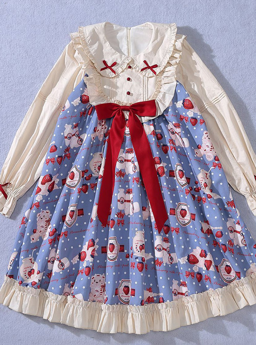Strawberry Milk Bottle Series OP Bowknot Sweet Lolita Long Sleeve Dress