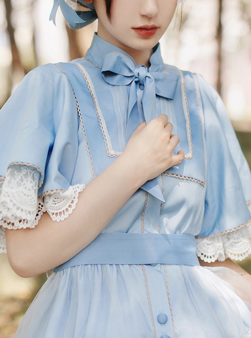 Iris Flower Series OP Butterfly Sleeve Embroidery Blue Classic Lolita Short Sleeve Dress