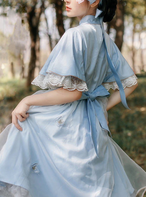 Iris Flower Series OP Butterfly Sleeve Embroidery Blue Classic Lolita Short Sleeve Dress