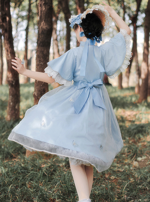 Iris Flower Series OP Butterfly Sleeve Embroidery Blue Classic Lolita Short Sleeve Dress