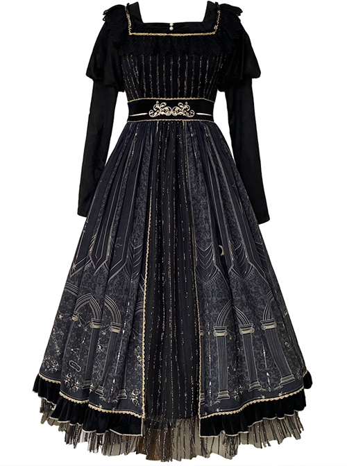 Starshine Stone Series OP Classic Lolita Velour Printing Long Sleeve Dress