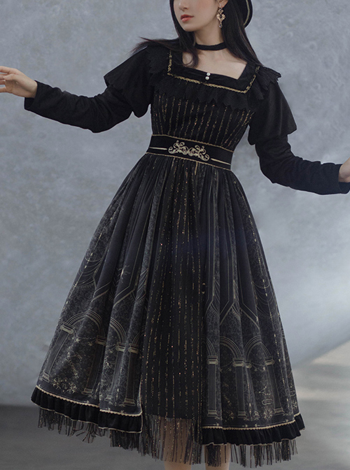 Starshine Stone Series OP Classic Lolita Velour Printing Long Sleeve Dress