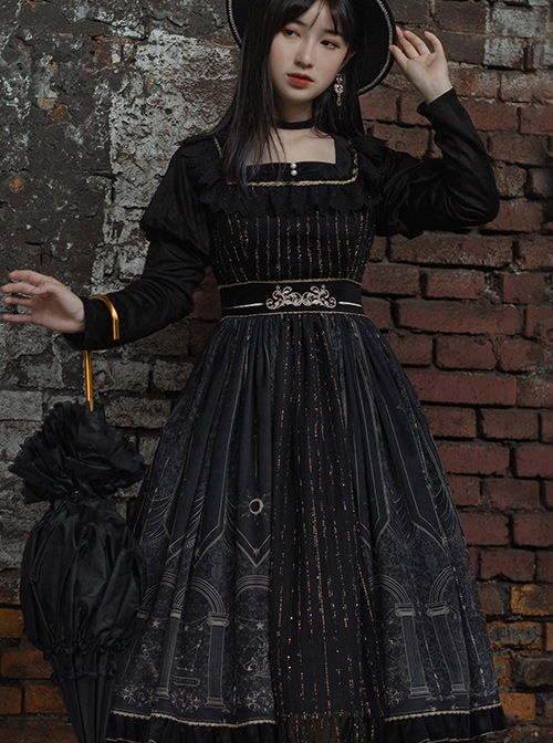 Starshine Stone Series OP Classic Lolita Velour Printing Long Sleeve Dress