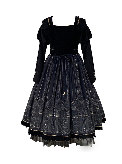 Starshine Stone Series OP Classic Lolita Velour Printing Long Sleeve Dress