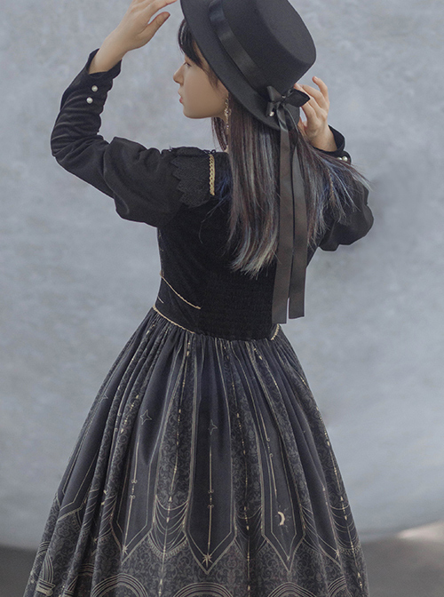 Starshine Stone Series OP Classic Lolita Velour Printing Long Sleeve Dress