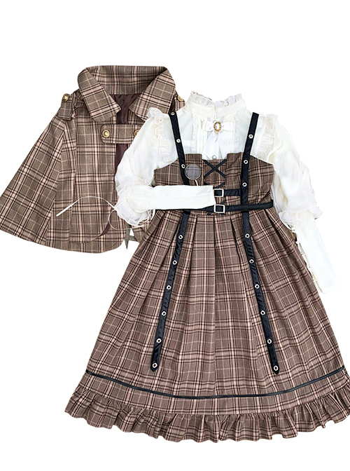 Little Detective Series JSK School Lolita Brown Plaid Sling Dress And Cloak