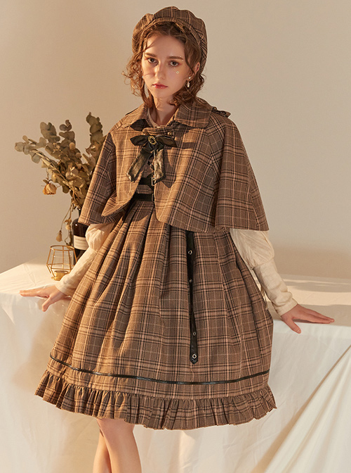 Little Detective Series JSK School Lolita Brown Plaid Sling Dress And Cloak