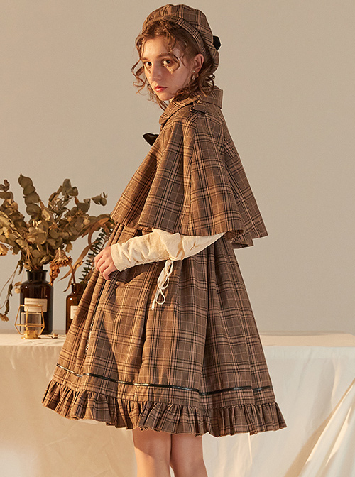 Little Detective Series JSK School Lolita Brown Plaid Sling Dress And Cloak