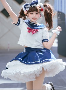 Blue And White Splicing School Lolita Short Sleeve Shirt And Skirt Set