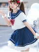 Blue And White Splicing School Lolita Short Sleeve Shirt And Skirt Set