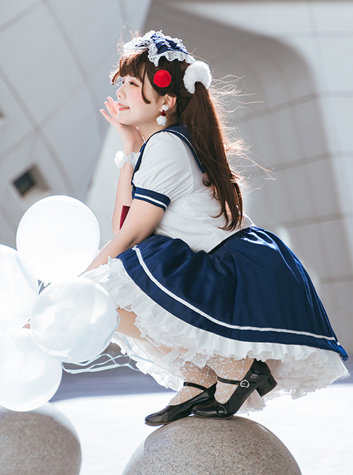 Blue And White Splicing School Lolita Short Sleeve Shirt And Skirt Set