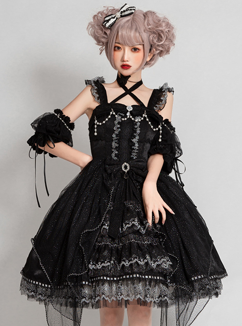 Night Elf Series JSK Black Lace Retro Elegant Gothic Lolita Sling Dress