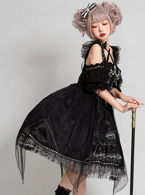 Night Elf Series JSK Black Lace Retro Elegant Gothic Lolita Sling Dress