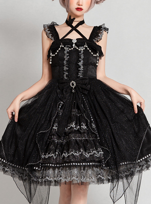 Night Elf Series JSK Black Lace Retro Elegant Gothic Lolita Sling Dress