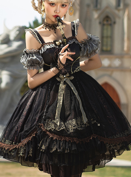 Day-night Carol Series JSK Dark Retro Black Gold Gothic Lolita Sling Dress