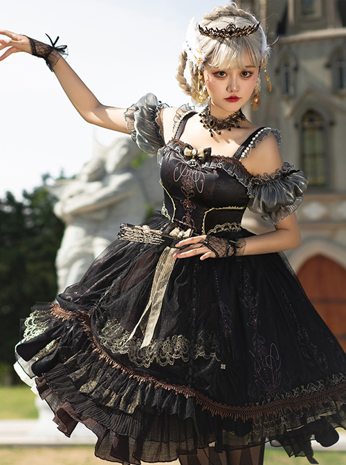 Day-night Carol Series JSK Dark Retro Black Gold Gothic Lolita Sling Dress