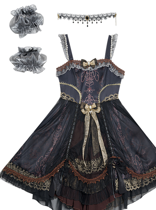 Day-night Carol Series JSK Dark Retro Black Gold Gothic Lolita Sling Dress