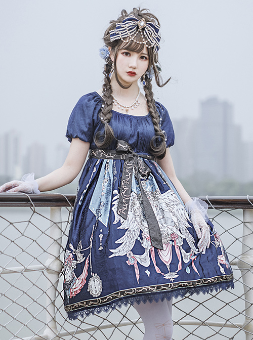 Distant Bells Series OP High Waist Classic Lolita Short Sleeve Dress