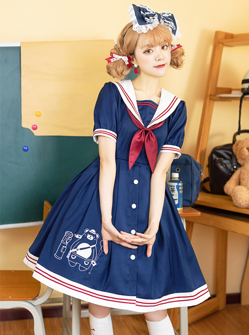 Little Bear Postman Series Navy Collar Embroidery Hem School Lolita Short Sleeve Dress