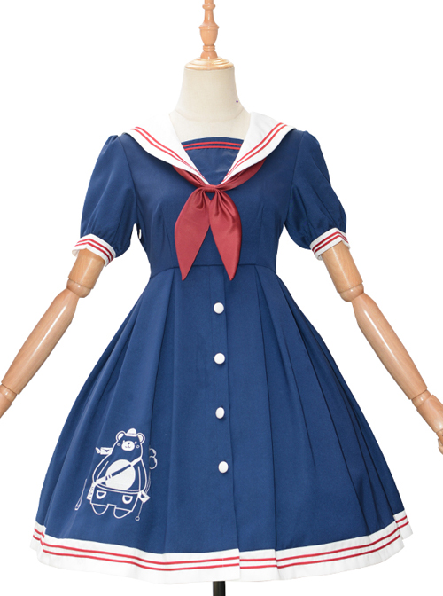 Little Bear Postman Series Navy Collar Embroidery Hem School Lolita Short Sleeve Dress