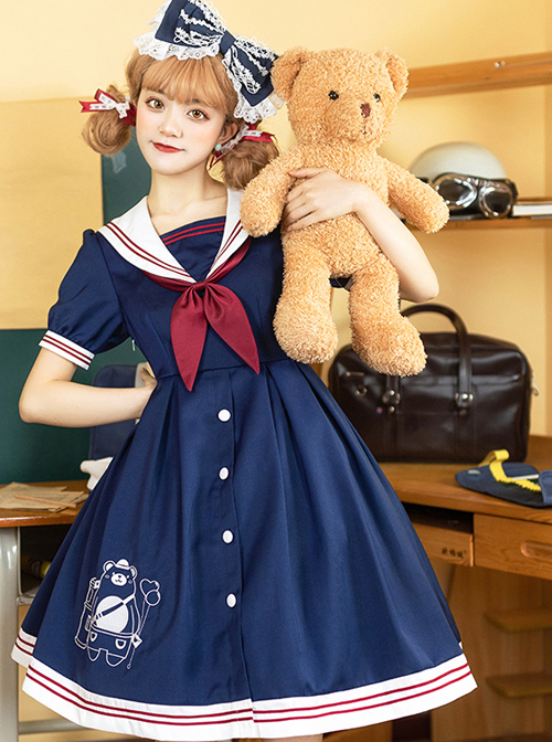 Little Bear Postman Series Navy Collar Embroidery Hem School Lolita Short Sleeve Dress