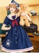 Little Bear Postman Series Navy Collar Embroidery Hem School Lolita Short Sleeve Dress