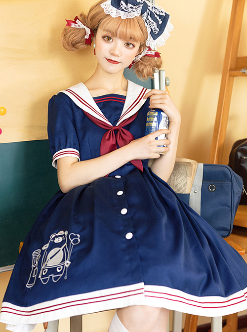 Little Bear Postman Series Navy Collar Embroidery Hem School Lolita Short Sleeve Dress