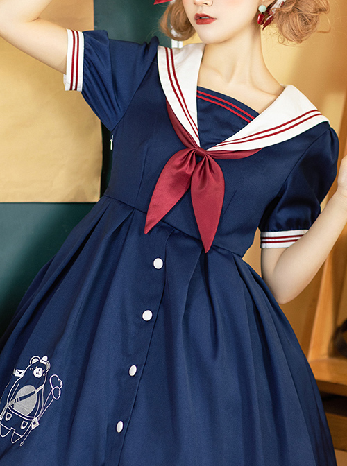 Little Bear Postman Series Navy Collar Embroidery Hem School Lolita Short Sleeve Dress