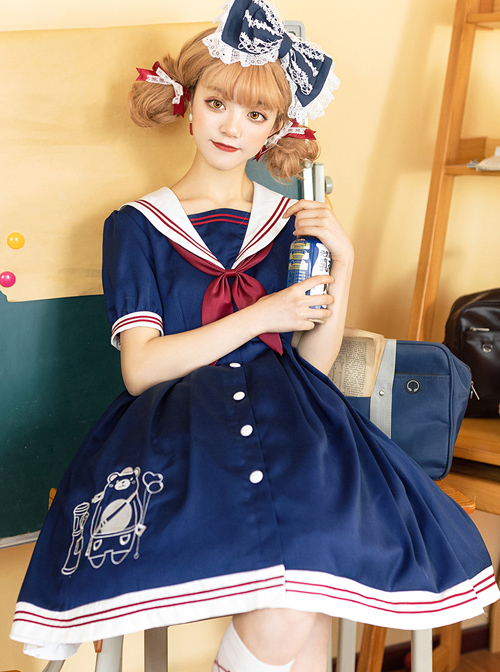 Little Bear Postman Series Navy Collar Embroidery Hem School Lolita Short Sleeve Dress