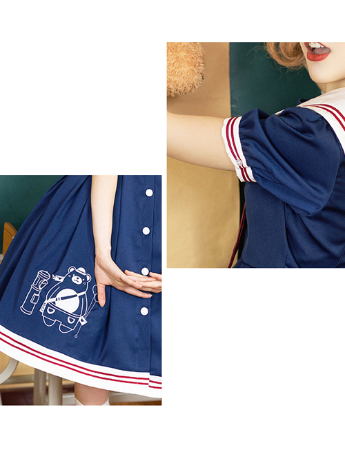 Little Bear Postman Series Navy Collar Embroidery Hem School Lolita Short Sleeve Dress