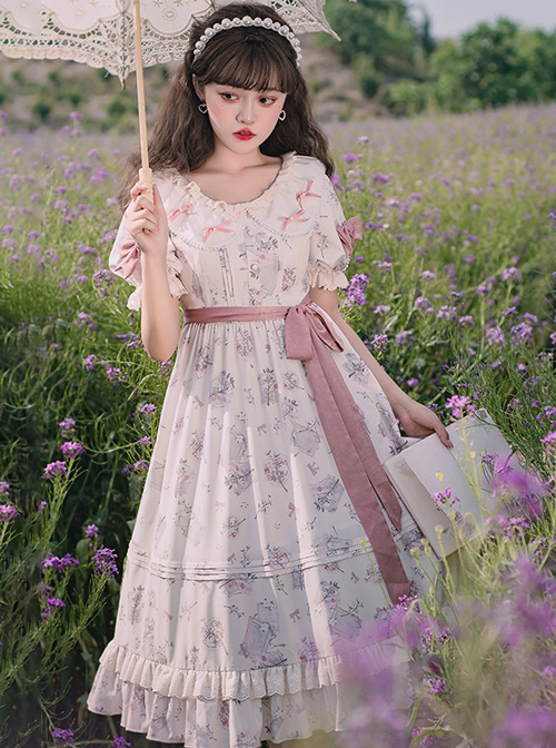 Everlasting Love Series OP Daily Elegant Flowers Printing Classic Lolita Short Sleeve Dress